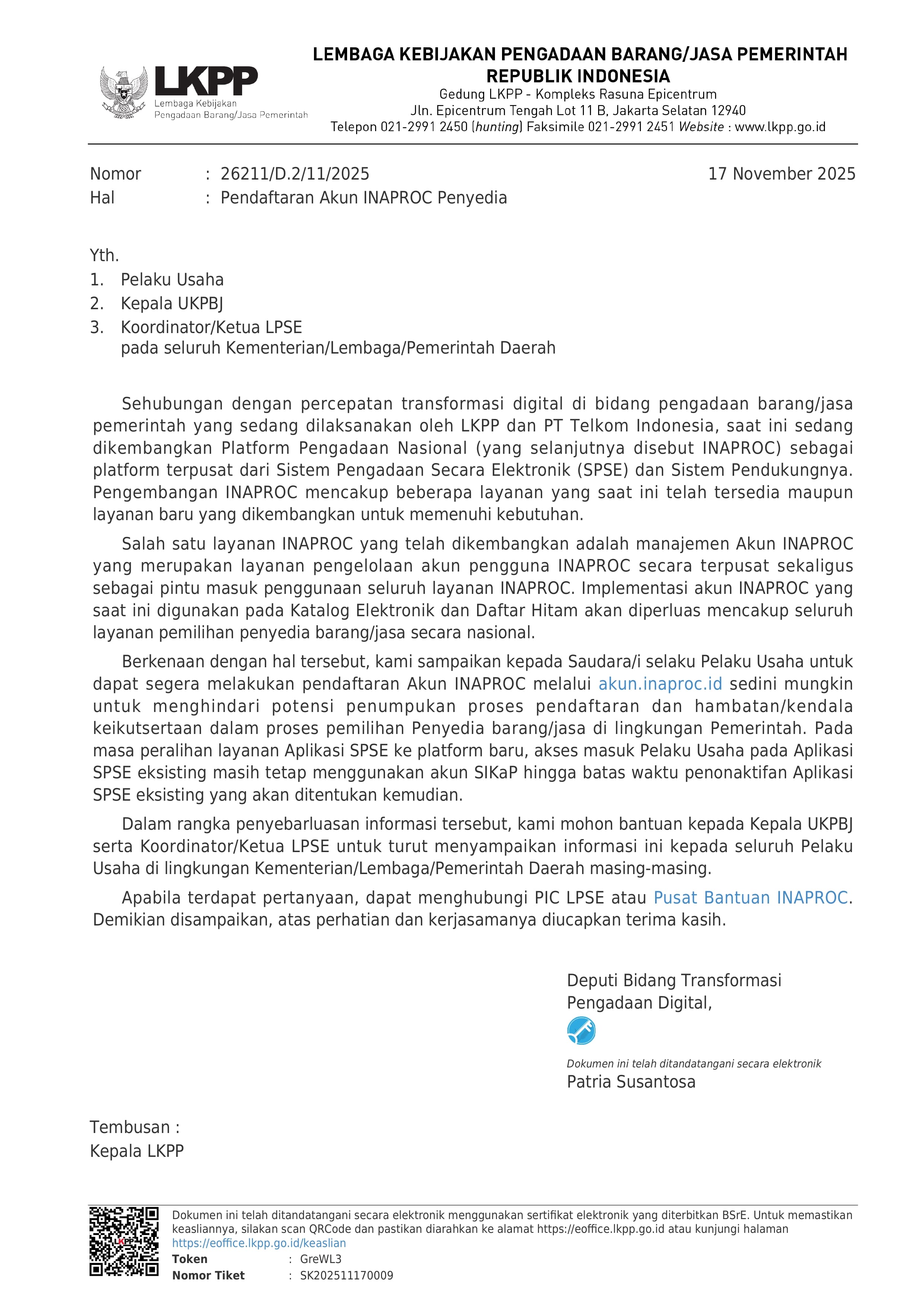 LKPP Himbau Pelaku Usaha (Penyedia) Segera Melakukan Pendaftaran Akun INAPROC